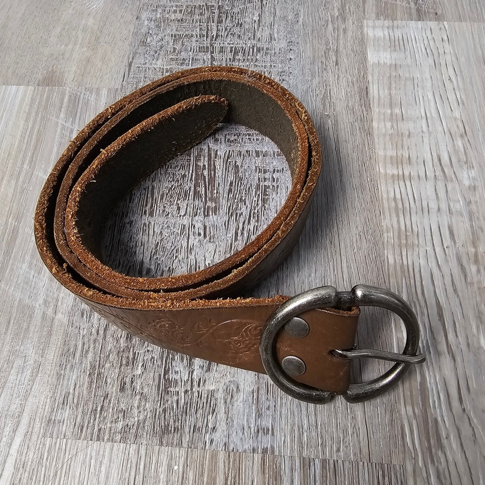 Womens Genuine Leather Floral Embossed Belt Fits 30-35 Brown Boho Western